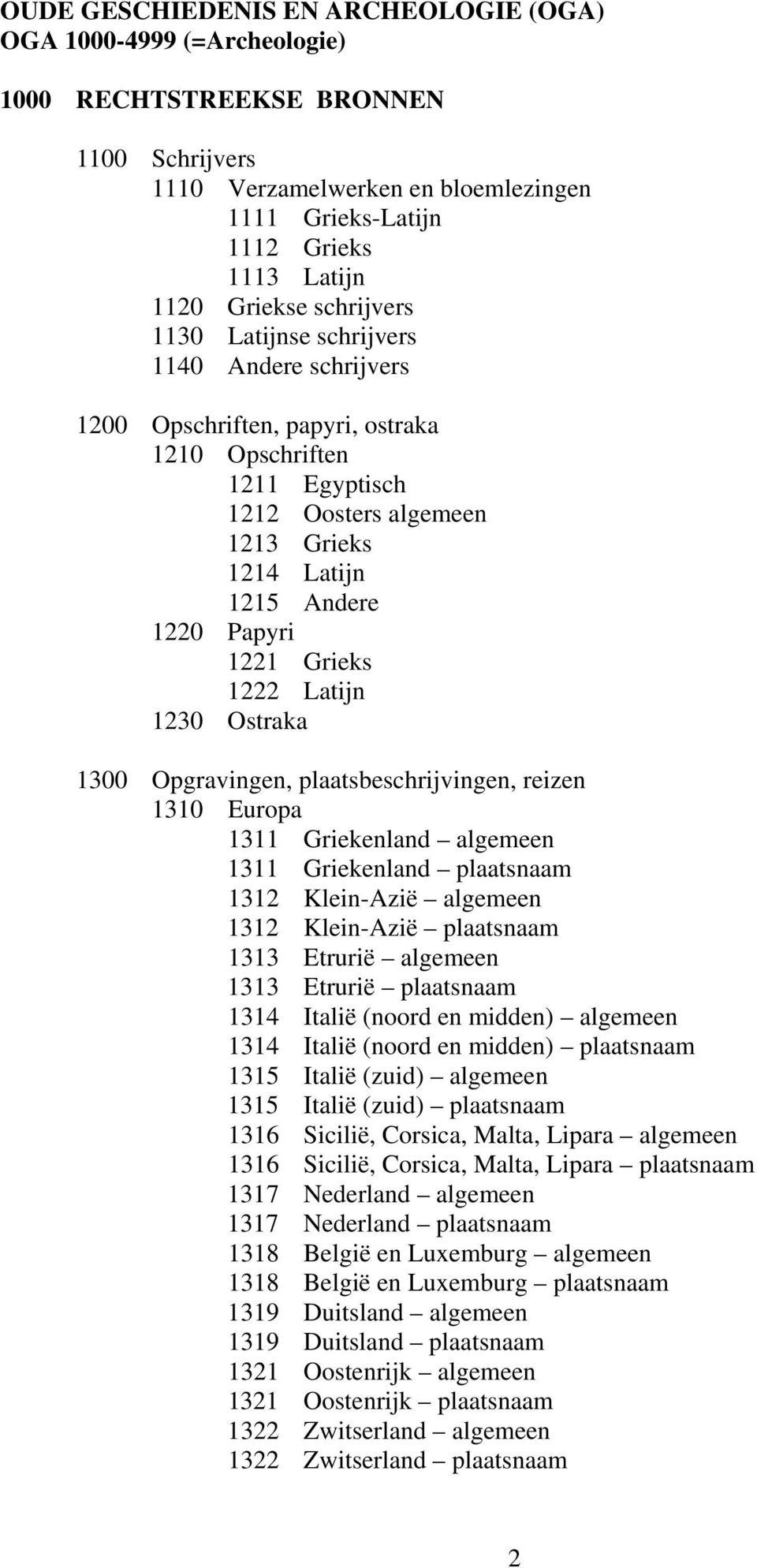 Papyri 1221 Grieks 1222 Latijn 1230 Ostraka 1300 Opgravingen, plaatsbeschrijvingen, reizen 1310 Europa 1311 Griekenland algemeen 1311 Griekenland plaatsnaam 1312 Klein-Azië algemeen 1312 Klein-Azië