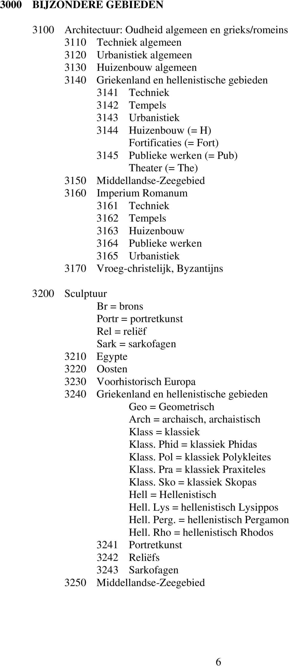 3162 Tempels 3163 Huizenbouw 3164 Publieke werken 3165 Urbanistiek 3170 Vroeg-christelijk, Byzantijns 3200 Sculptuur Br = brons Portr = portretkunst Rel = reliëf Sark = sarkofagen 3210 Egypte 3220