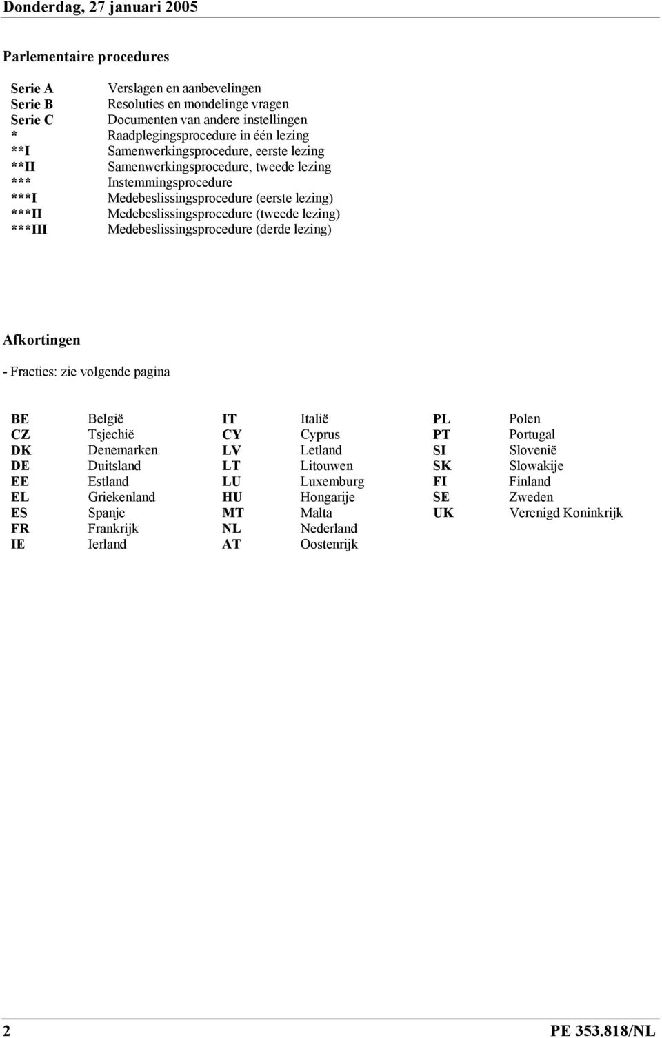 ***III Medebeslissingsprocedure (derde lezing) Afkortingen - Fracties: zie volgende pagina BE België IT Italië PL Polen CZ Tsjechië CY Cyprus PT Portugal DK Denemarken LV Letland SI Slovenië DE