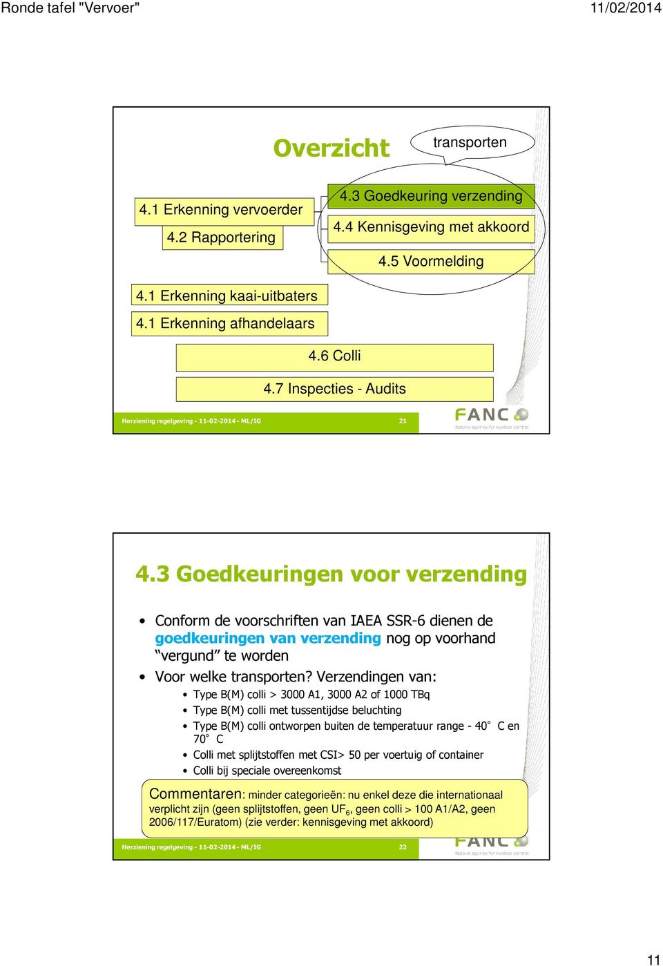 3 Goedkeuringen voor verzending Conform de voorschriften van IAEA SSR-6 dienen de goedkeuringen van verzending nog op voorhand vergund te worden Voor welke transporten?