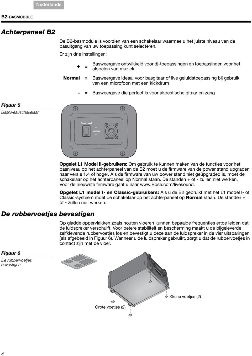 Normal = Basweergave ideaal voor basgitaar of live geluidstoepassing bij gebruik van een microfoon met een kickdrum - = Basweergave die perfect is voor akoestische gitaar en zang Figuur 5