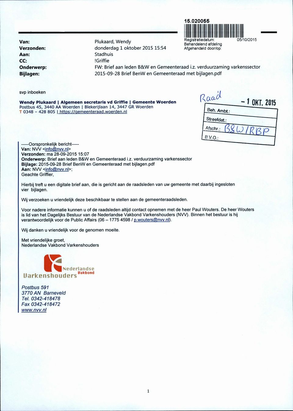 verduurzaming varkenssector 2015-09-28 Brief BenW en Gemeenteraad met bijlagen.