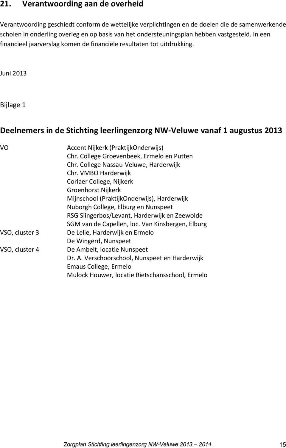 Juni 2013 Bijlage 1 Deelnemers in de Stichting leerlingenzorg NW-Veluwe vanaf 1 augustus 2013 VO VSO, cluster 3 VSO, cluster 4 Accent Nijkerk (PraktijkOnderwijs) Chr.