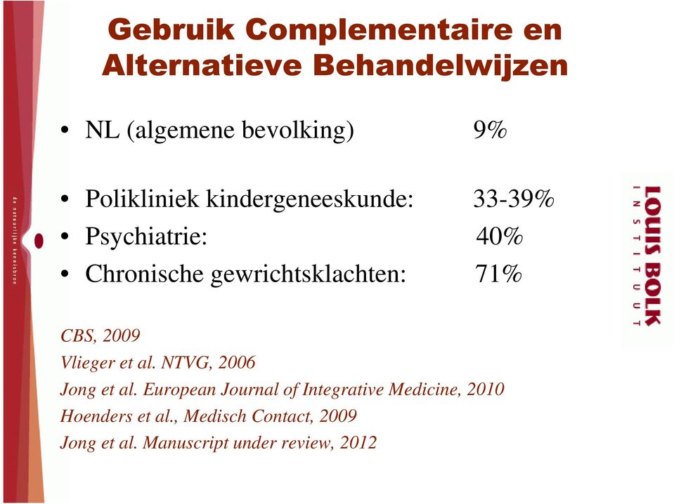 71% CBS, 2009 Vlieger et al. NTVG, 2006 Jong et al.