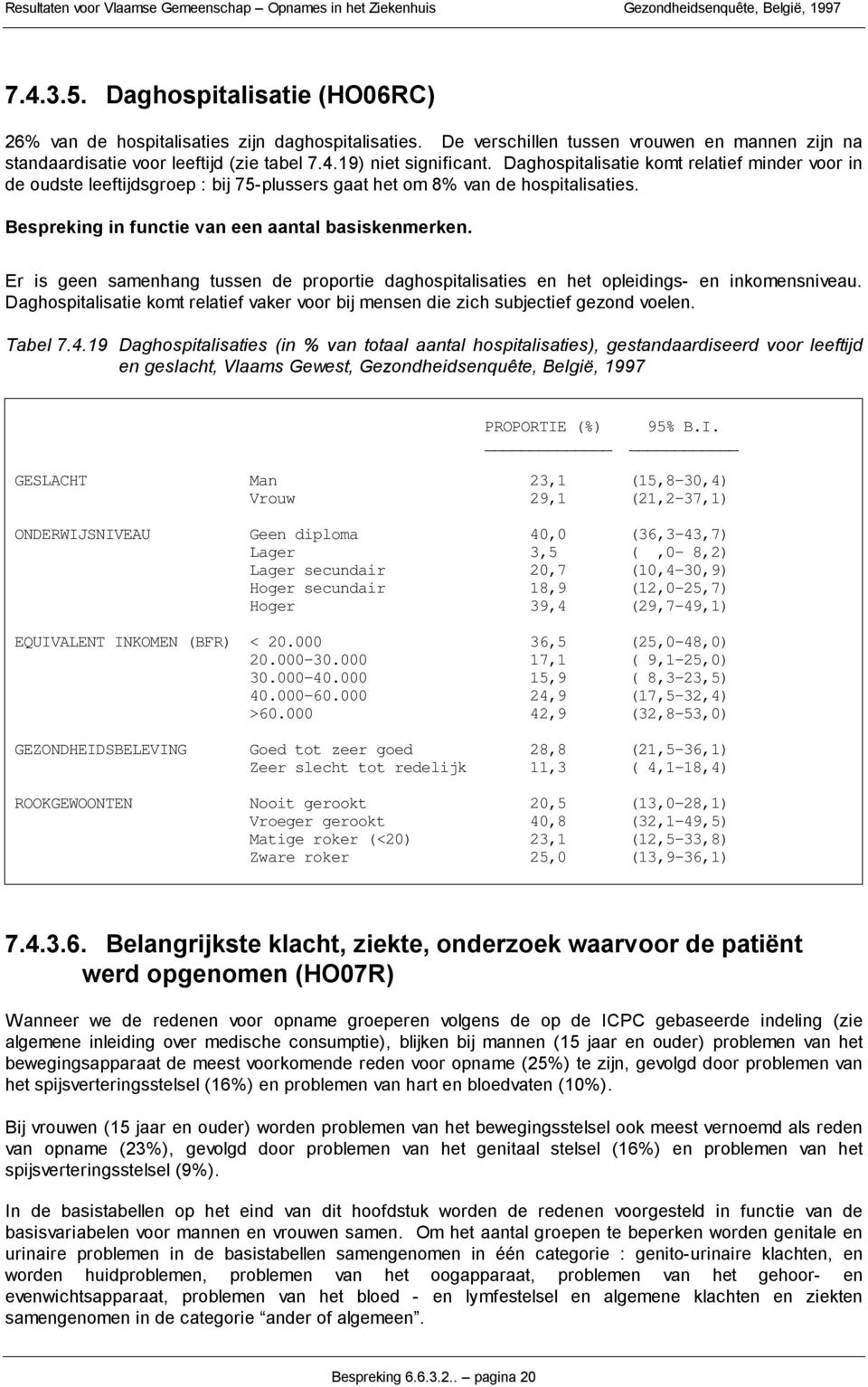 Er is geen samenhang tussen de proportie daghospitalisaties en het opleidings- en inkomensniveau. Daghospitalisatie komt relatief vaker voor bij mensen die zich subjectief gezond voelen. Tabel 7.4.