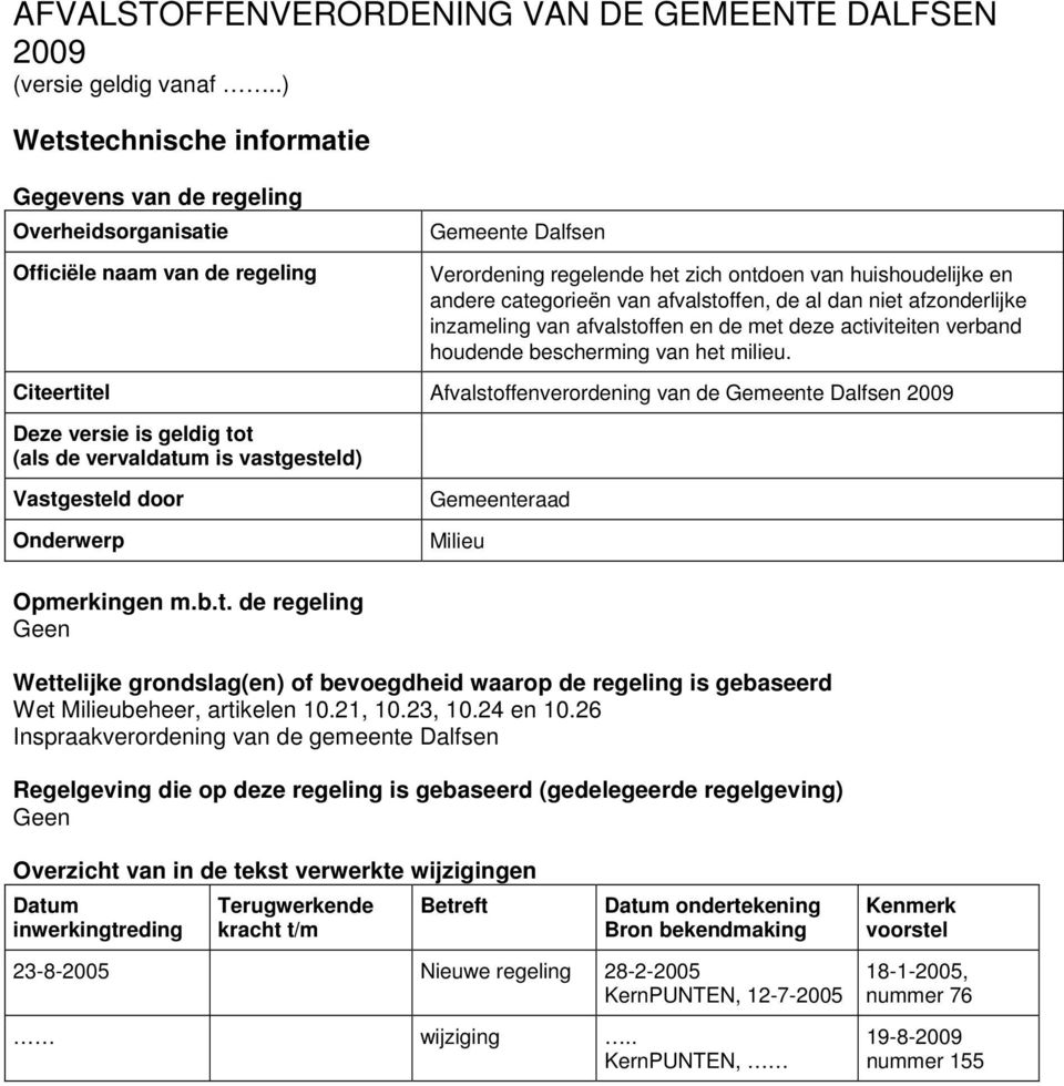 categorieën van afvalstoffen, de al dan niet afzonderlijke inzameling van afvalstoffen en de met deze activiteiten verband houdende bescherming van het milieu.