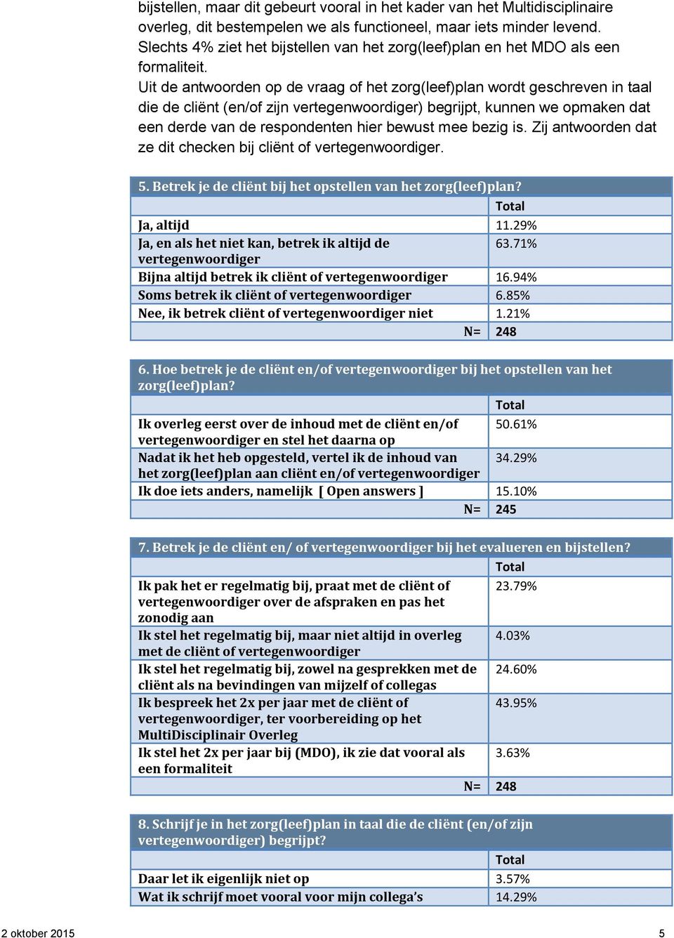 Uit de antwoorden op de vraag of het zorg(leef)plan wordt geschreven in taal die de cliënt (en/of zijn vertegenwoordiger) begrijpt, kunnen we opmaken dat een derde van de respondenten hier bewust mee