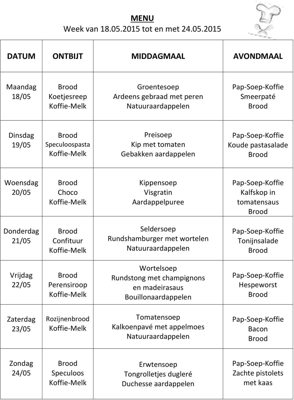 2015 DATUM ONTBIJT MIDDAGMAAL AVONDMAAL Maandag 18/05 Koetjesreep Groentesoep Ardeens gebraad met peren Natuuraardappelen Smeerpaté Dinsdag 19/05 Speculoospasta Preisoep Kip met tomaten