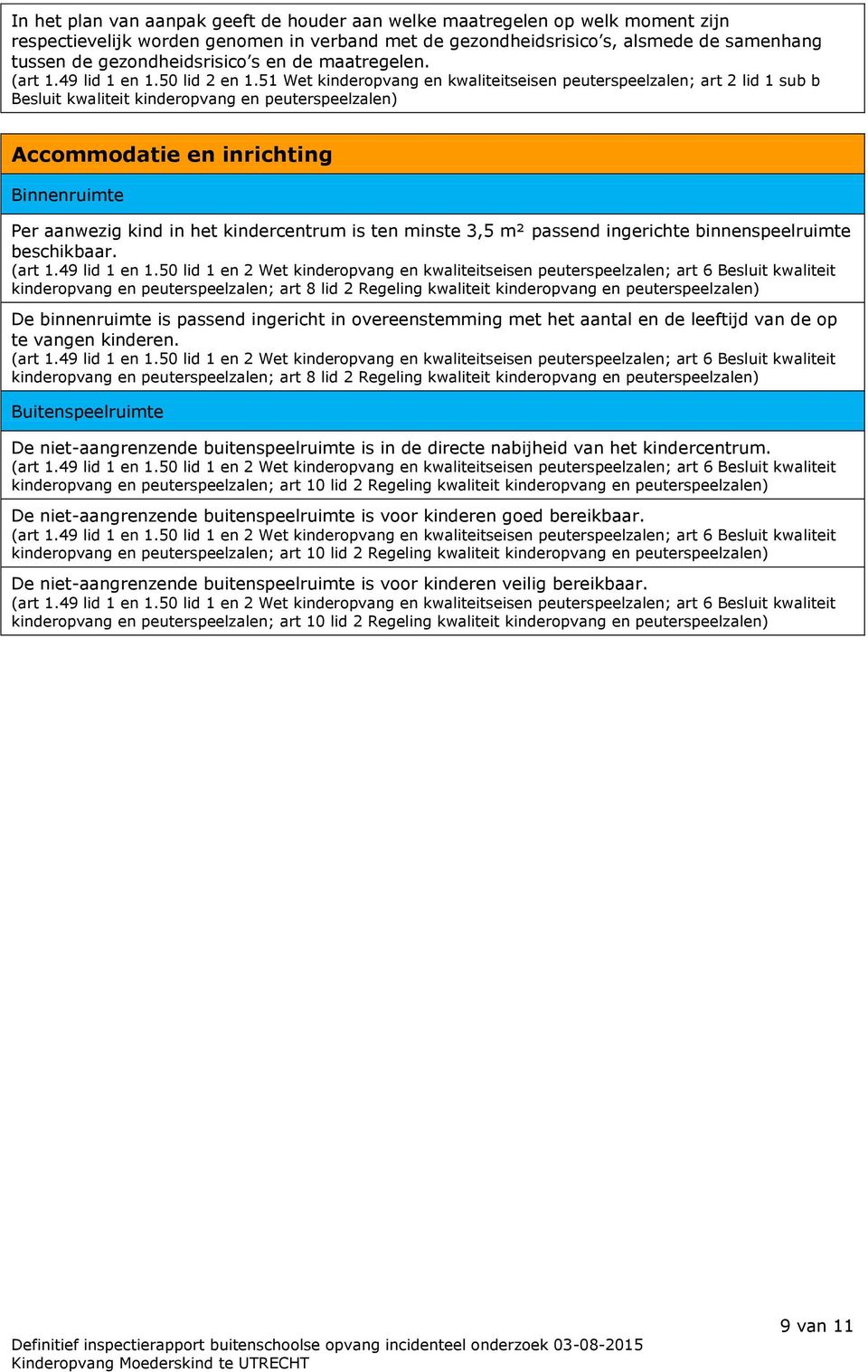 51 Wet kinderopvang en kwaliteitseisen peuterspeelzalen; art 2 lid 1 sub b Besluit kwaliteit kinderopvang en peuterspeelzalen) Accommodatie en inrichting Binnenruimte Per aanwezig kind in het