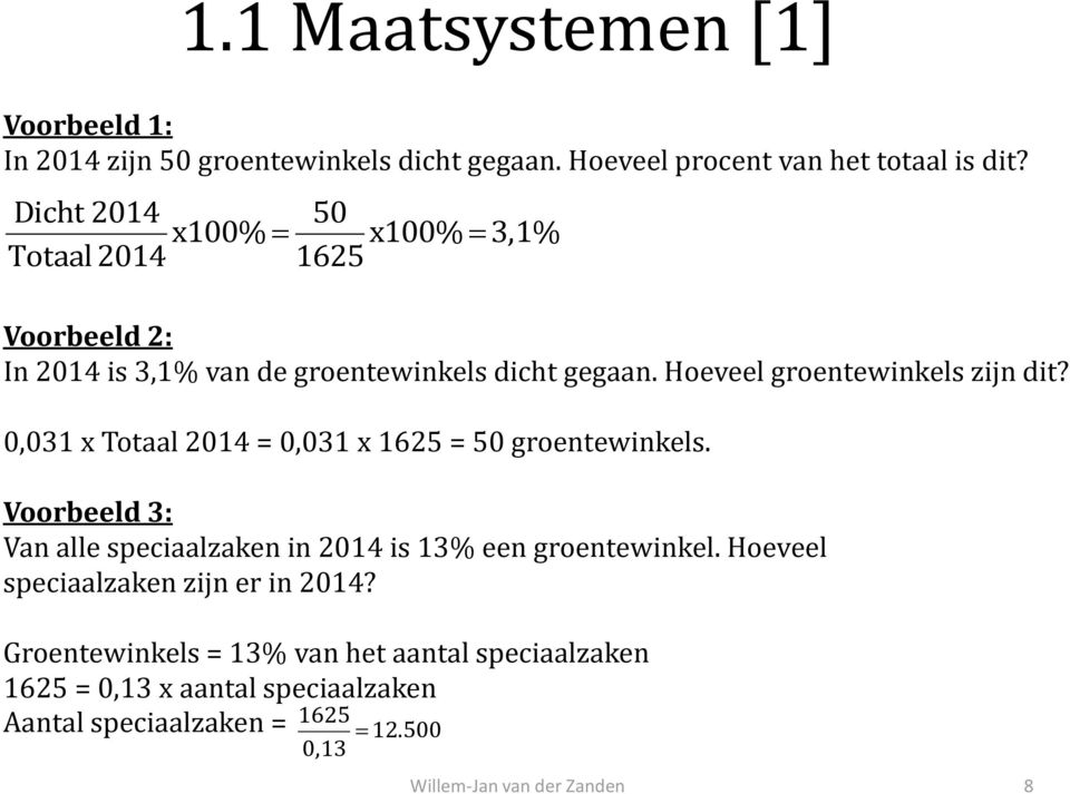 Hoeveel groentewinkels zijn dit? 0,031 x Totl 2014 = 0,031 x 1625 = 50 groentewinkels.