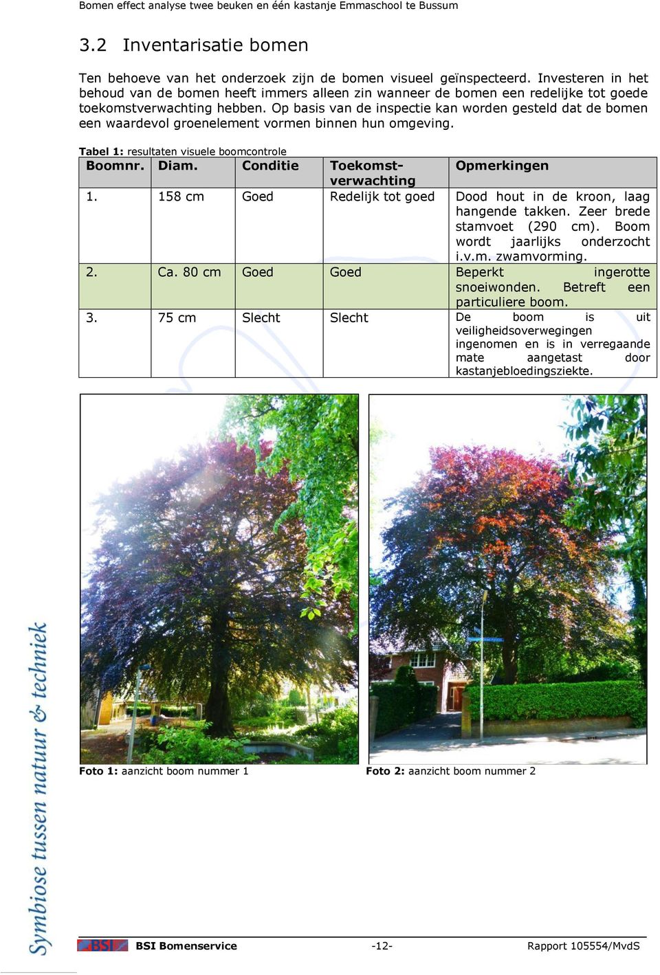 Op basis van de inspectie kan worden gesteld dat de bomen een waardevol groenelement vormen binnen hun omgeving. Tabel 1: resultaten visuele boomcontrole Boomnr. Diam.