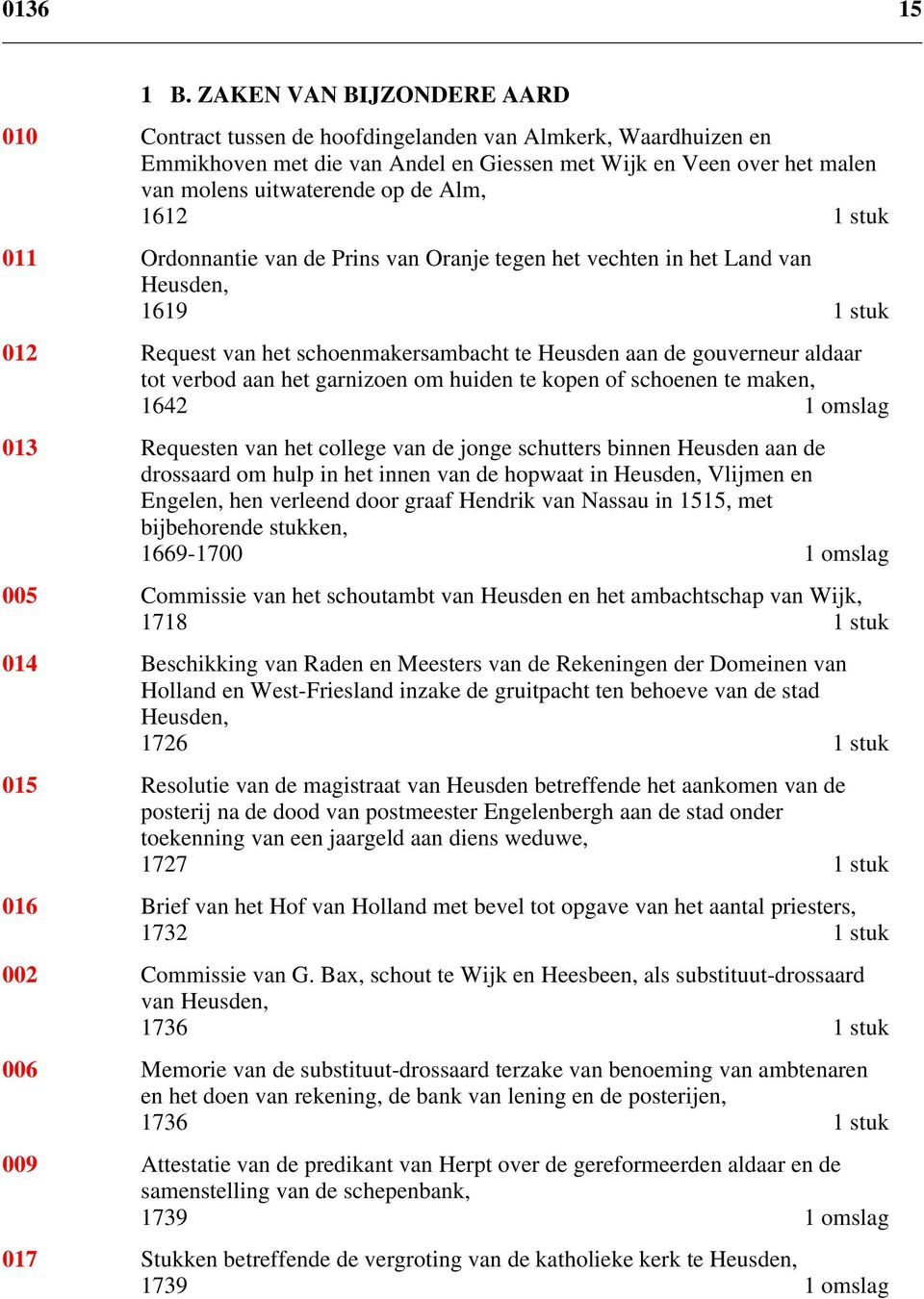 1612 1 stuk 011 Ordonnantie van de Prins van Oranje tegen het vechten in het Land van Heusden, 1619 1 stuk 012 Request van het schoenmakersambacht te Heusden aan de gouverneur aldaar tot verbod aan