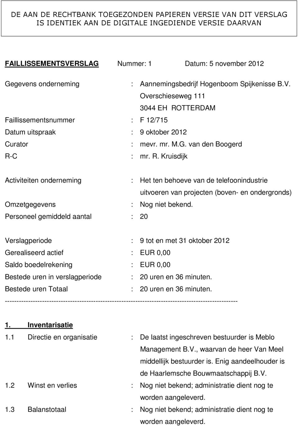 TTERDAM Faillissementsnummer : F 12/715 Datum uitspraak : 9 oktober 2012 Curator : mevr. mr. M.G. van den Boogerd R-