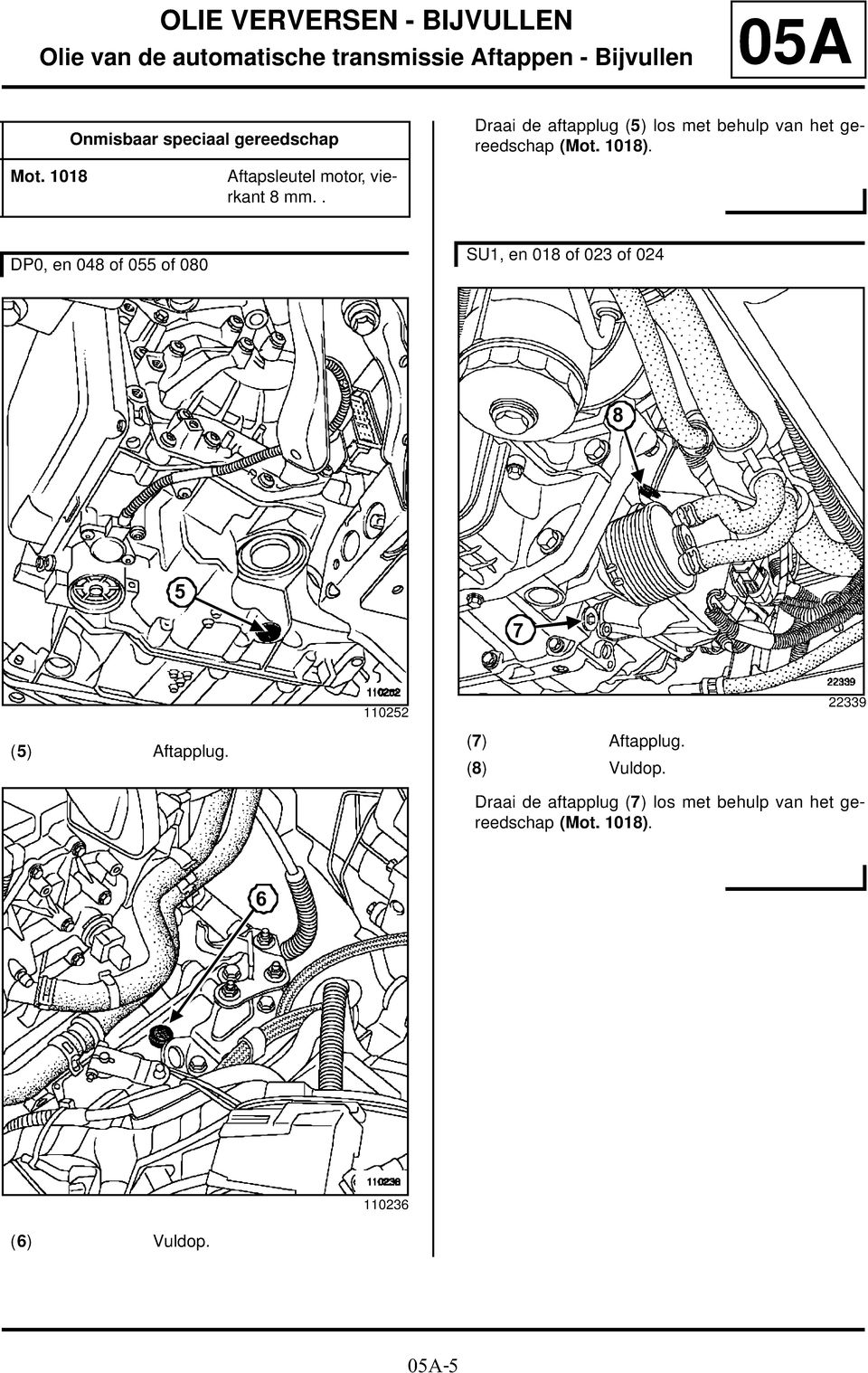 . Draai de aftapplug (5) los met behulp van het gereedschap DP0, en 048 of 055 of 080 SU1, en 018 of 023