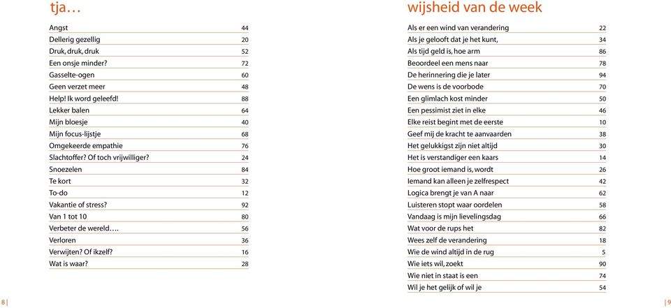 92 Van 1 tot 10 80 Verbeter de wereld. 56 Verloren 36 Verwijten? Of ikzelf? 16 Wat is waar?