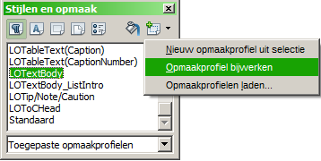 Afbeelding 3: Een profiel uit de selectie aanpassen Autom. bijwerken gebruiken Autom. bijwerken is alleen van toepassing op alinea- en frame-opmaakprofielen. Als de optie Autom.