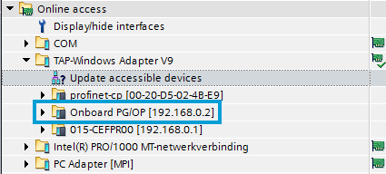 IP-adres toewijzen aan blanco PLC Klik dubbel op Update accessible devices onder TAP-Windows Adapter V9. Klik nu dubbel op Online & diagnostics van de gewenste PLC.