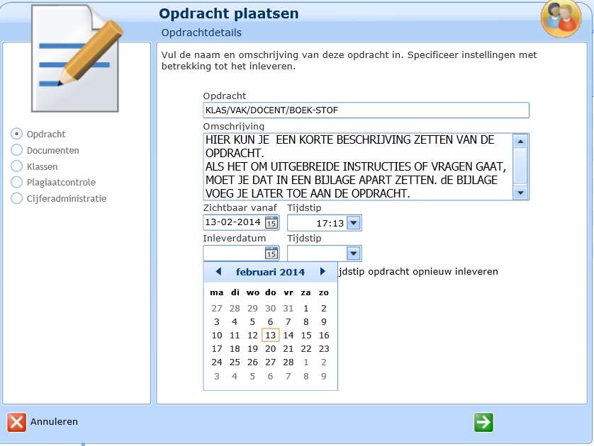 Opdracht klaarzetten. Klik op het +-teken om een nieuwe opdracht aan te maken en vul de gegevens in het onderstaande venster in. Vergeet de plagiaatcontrole niet!