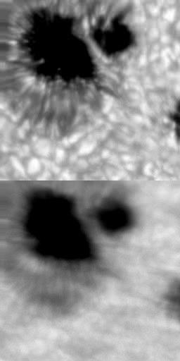 Seeingschaal Q Gewijzigde Kiepenheuer seeing-schaal SIDC seeing-schaal = 1 = 0,5 rust van de zonnerand ( r ) scherpte van het zonnebeeld ( s ) Q 1 Geen oppervlaktebeweging waarneembaar, noch aan de