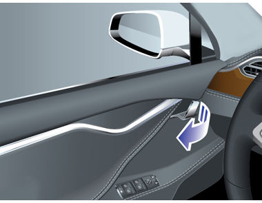 Portieren Portierkrukken buitenzijde gebruiken Door licht tegen een portiergreep te drukken, komt deze naar buiten, mits een sleutel binnen het bereik van de Model S wordt gedetecteerd.