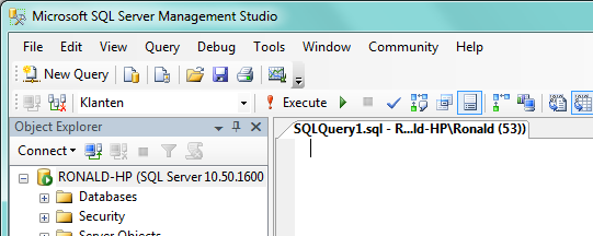 Ga naar de Management Studio. Druk nu op de knop New Query. Er verschijnt nu een venster waarin je SQL-statements kunt invoeren.