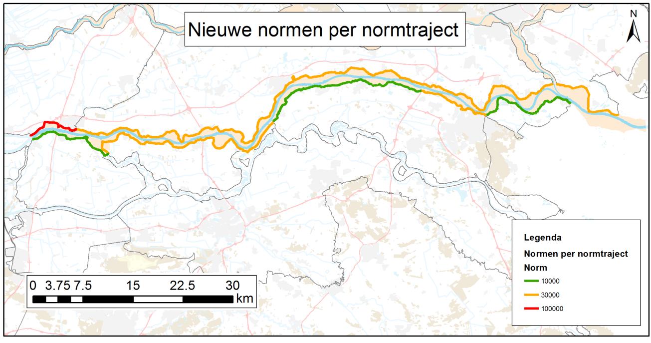 Figuur 2 Nieuwe overstromingskansnormen per normtraject langs de Waal tussen Gorinchem en de Pannerden De overstromingskansnorm per normtraject kan worden vertaald naar een faalkanseis per dijkvak.