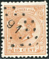 ROTTERDAM Provincie Zuid-Holland Nr. 91 PSPK 0177A (type I) Op 24 maart 1869 werden vier nummerstempels 91 verstrekt. De stempels zijn van het scheve type.