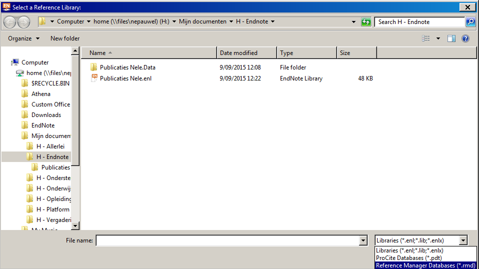 4. Een Select a Reference library -venster opent zich. Selecteer in de 'drop down' box achter het bestandsnaamveld ( File name ), het type bestand 'Reference Manager databases (*.rmd). 5.