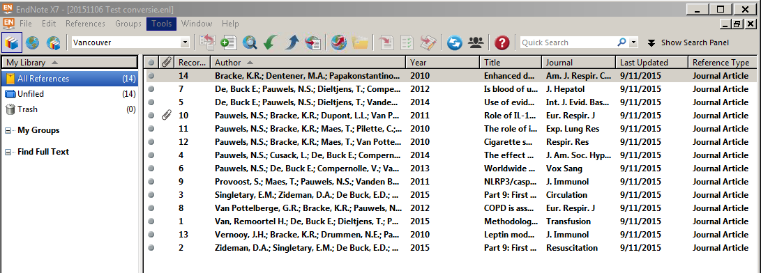 17. Uw EndNote library wordt automatisch geopend en tevens ook opgeslagen in de bij stap 13 gekozen map.