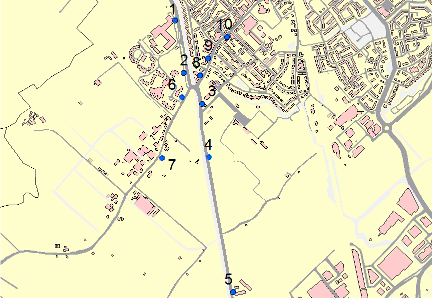In totaal zijn tien punten gekozen, waarop de luchtkwaliteit berekend is. De punten zijn representatief voor het gehele wegvak.