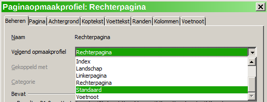 Afbeelding 24: Specificeren van het volgende opmaakprofiel na de eerste pagina van een hoofdstuk 4) Op de tabpagina Pagina, specificeer een grotere linkermarge voor binden en een grotere bovenmarge