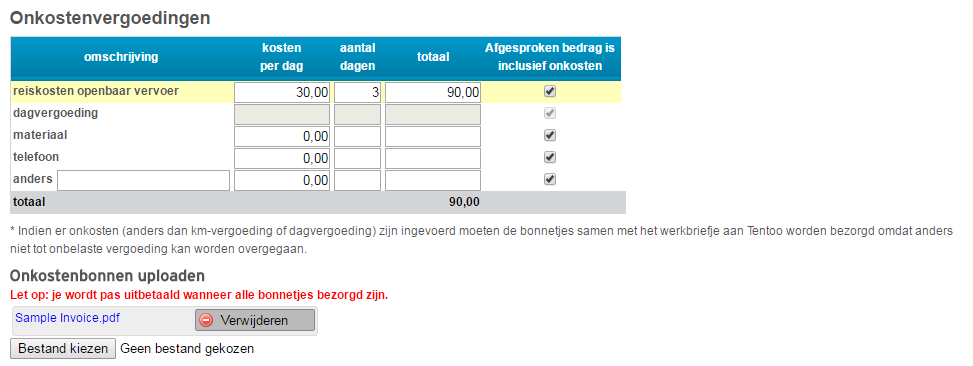 Let op, toekenning van maaltijdcheques kan niet in combinatie met een dagvergoeding: Voor onkosten anders dan de km-vergoeding of de dagvergoeding dient u steeds betalingsbewijzen toe te voegen aan