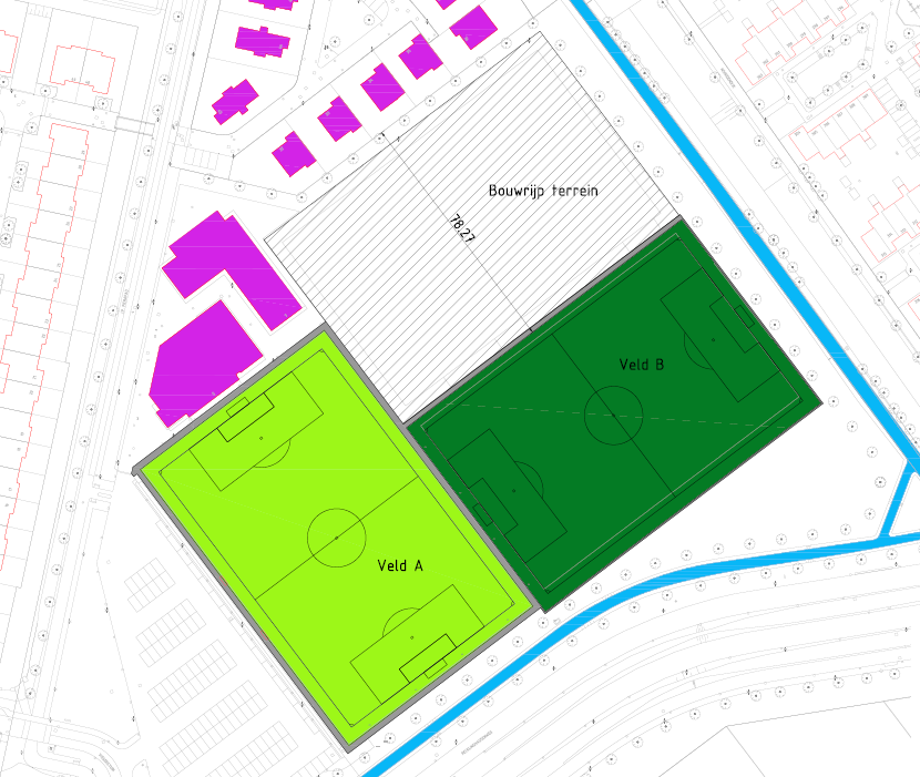 Model 2.3 2 wedstrijdvelden en een bouwrijp terrein Omvormen van het bestaande kunstgrasveld (nr 1) naar een bouwrijp terrein.