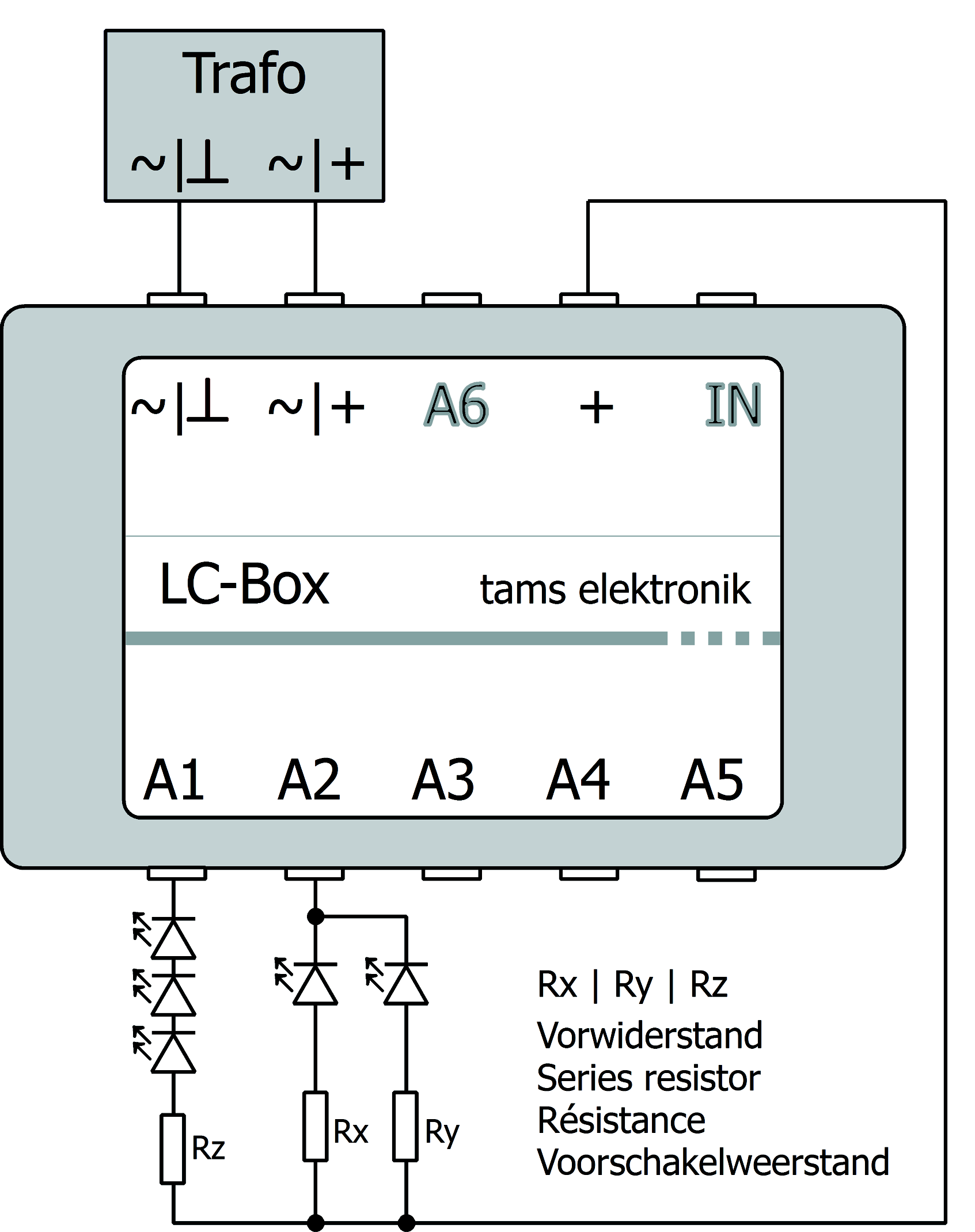 Nederlads Parallel aasluite va LEDs Voorbeeld het aasluite va LED's: Uitgag A1: Seriële aasluitig Uitgag A2: Parallelle aasluitig Bij het parallel aasluite wordt elke LED via ee eige