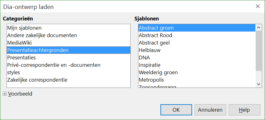 Afbeelding 27: Dialoogvenster Dia-ontwerp 1) Ga naar Opmaak > Dia-ontwerp op de Menubalk of klik met rechts op een dia in het Diavenster en kies Dia-ontwerp in het contextmenu om het dialoogvenster