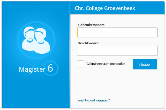 Inloggen op Magister 1. Vanaf de Groevenbeek website klik je op Leerlingen en daarna op Magister 2. Vul bij Gebruikersnaam je leerlingnummer in. 3.