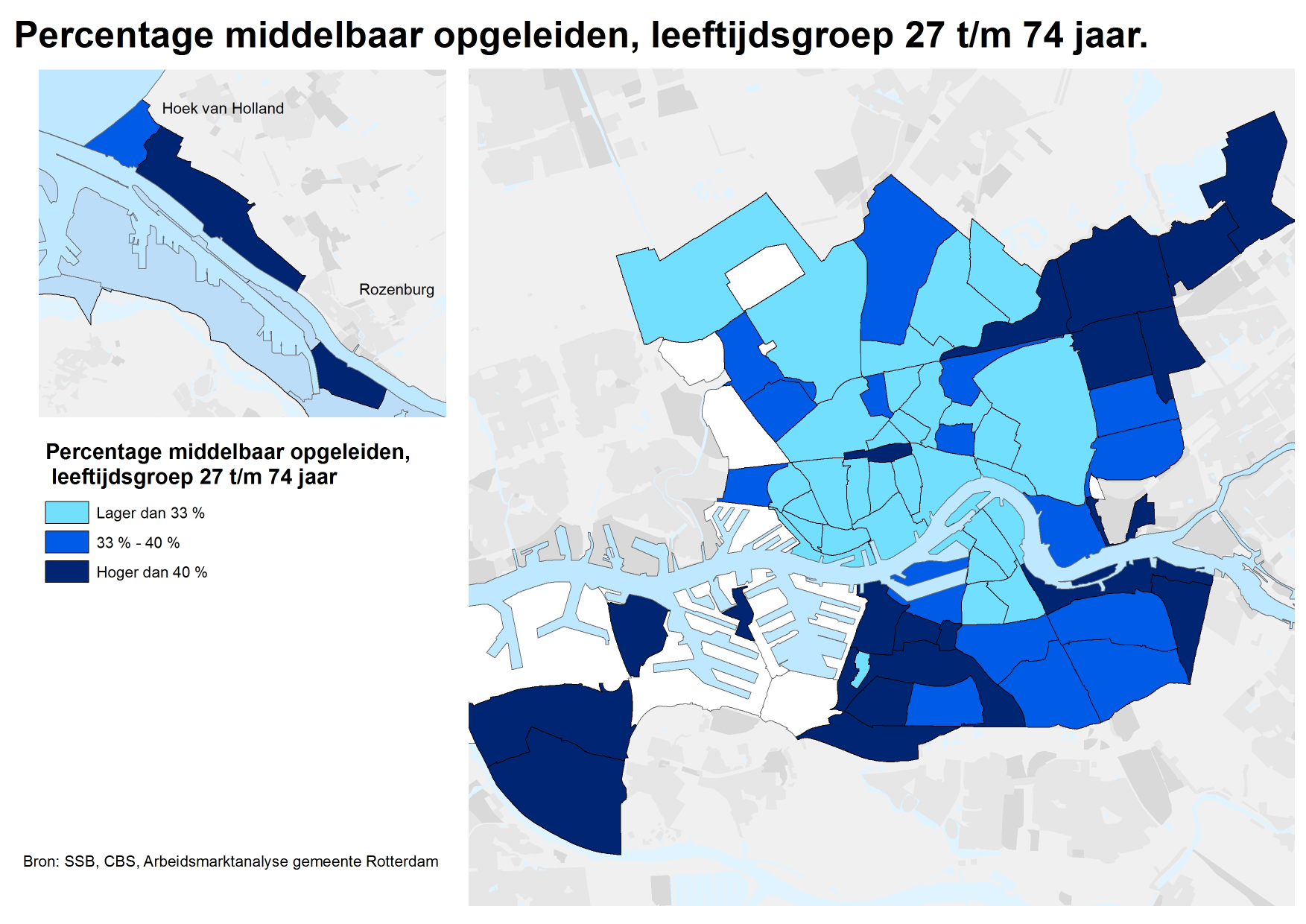 Kaart middelbaar opgeleiden wonend in Rotterdam, 1 oktober 2013 In de leeftijdsgroep 27 tot en met 74 is bepaald welk percentage een afgeronde opleiding heeft op middelbaar niveau.