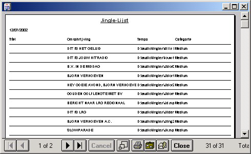 5.2 Het jingles-scherm Vanuit dit scherm beheert U de jingledatabase van Carmen. De jingles worden weergegeven in lijstvorm.