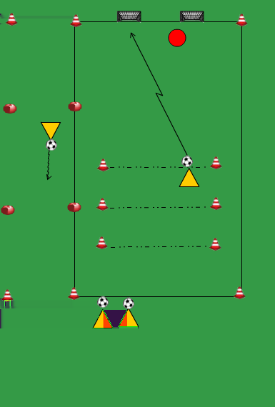 DUBBEL DOELSCHIETSPEL MET 2 KLEINE DOELTJES spelers kunnen scoren door de bal stil te leggen op 8 meter van de doeltjes en te mikken op 1 van de 2 kleine doeltjes wanneer je 2 x achter elkaar