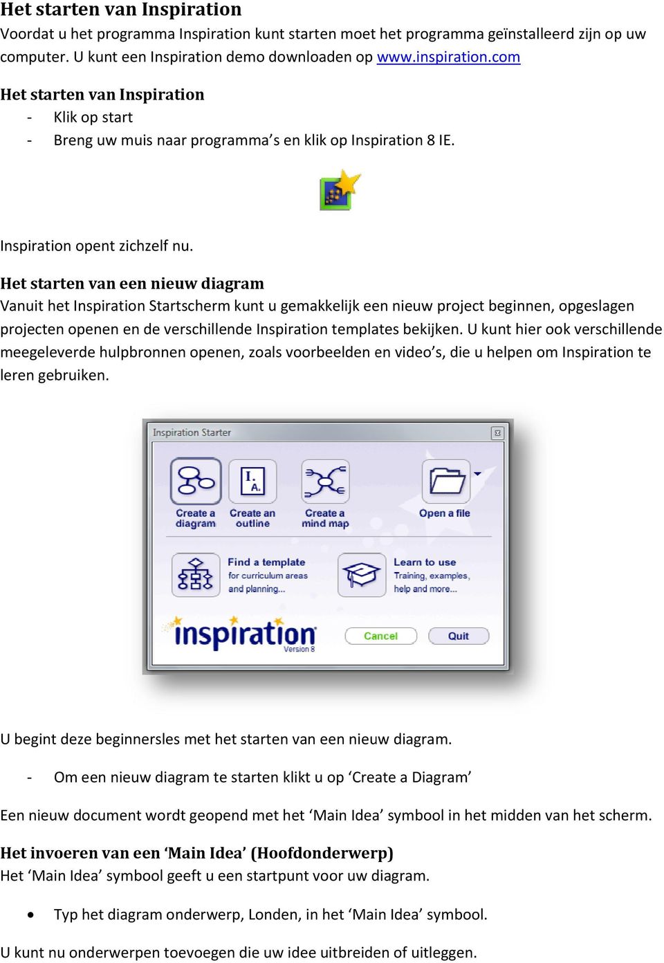 Het starten van een nieuw diagram Vanuit het Inspiration Startscherm kunt u gemakkelijk een nieuw project beginnen, opgeslagen projecten openen en de verschillende Inspiration templates bekijken.