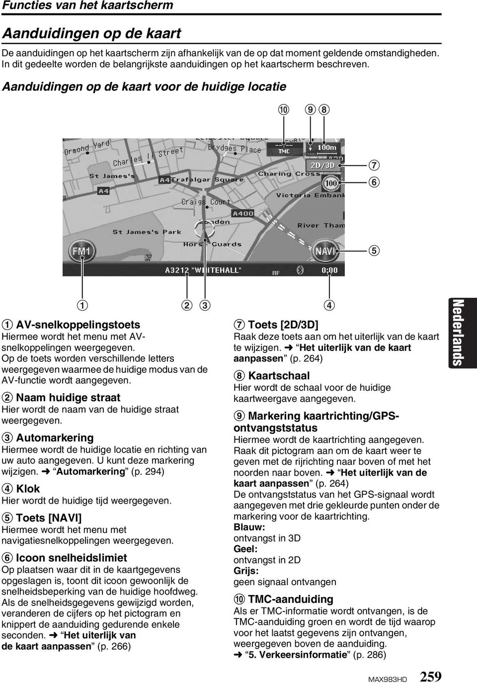 Aanduidingen op de kaart voor de huidige locatie 0 9 8 7 6 5 1 2 3 4 1 AV-snelkoppelingstoets Hiermee wordt het menu met AVsnelkoppelingen weergegeven.