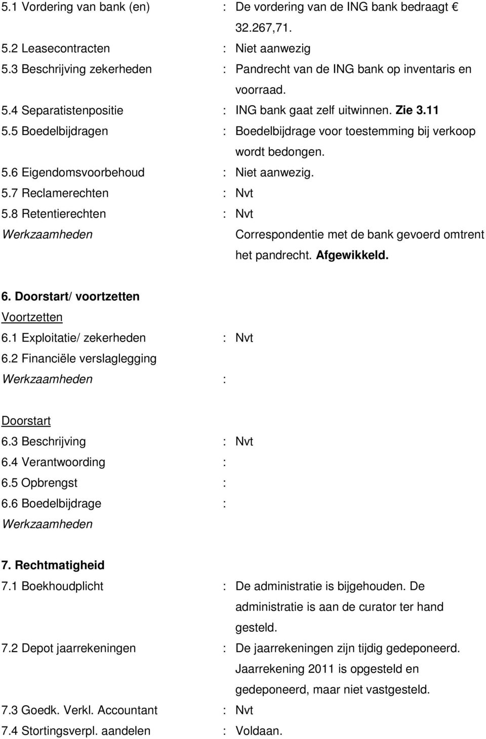 8 Retentierechten : Nvt Correspondentie met de bank gevoerd omtrent het pandrecht. Afgewikkeld. 6. Doorstart/ voortzetten Voortzetten 6.1 Exploitatie/ zekerheden : Nvt 6.