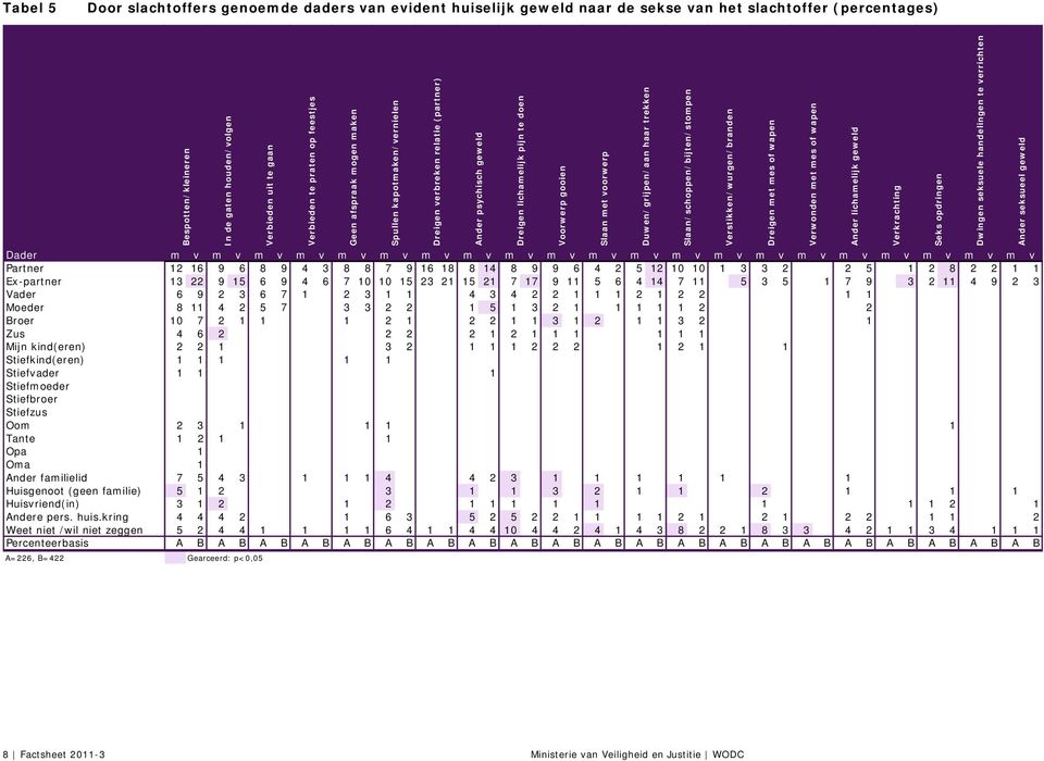 voorwerp Duwen/grijpen/aan haar trekken Slaan/schoppen/bijten/stompen Verstikken/wurgen/branden Dreigen met mes of wapen Verwonden met mes of wapen Ander lichamelijk geweld Verkrachting Seks