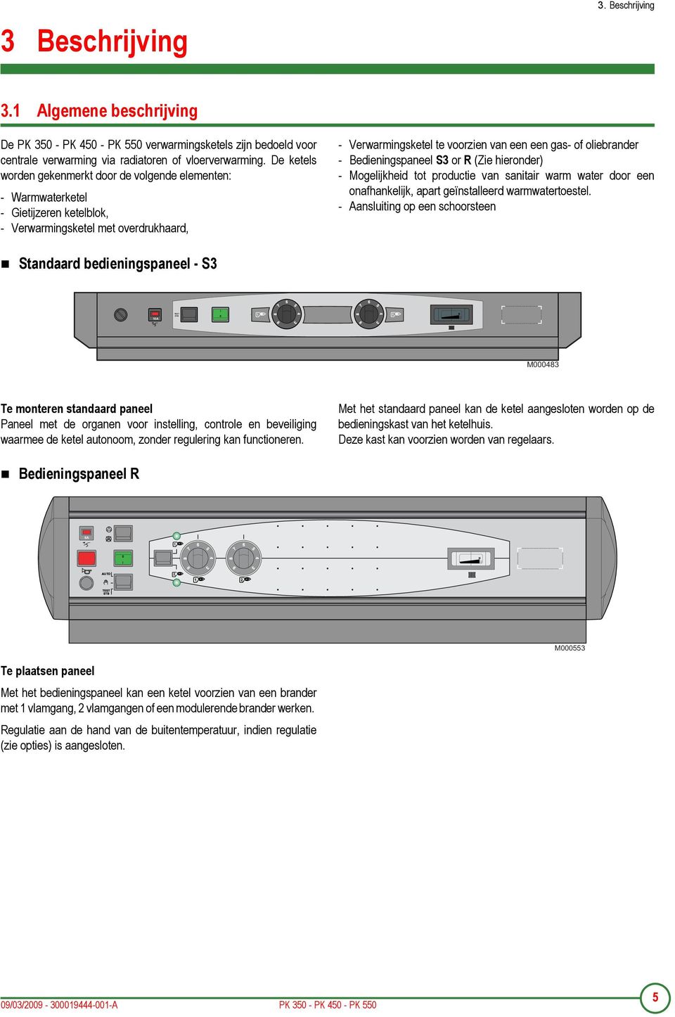 - Bedieningspaneel S3 or R (Zie hieronder) - Mogelijkheid tot productie van sanitair warm water door een onafhankelijk, apart geïnstalleerd warmwatertoestel.