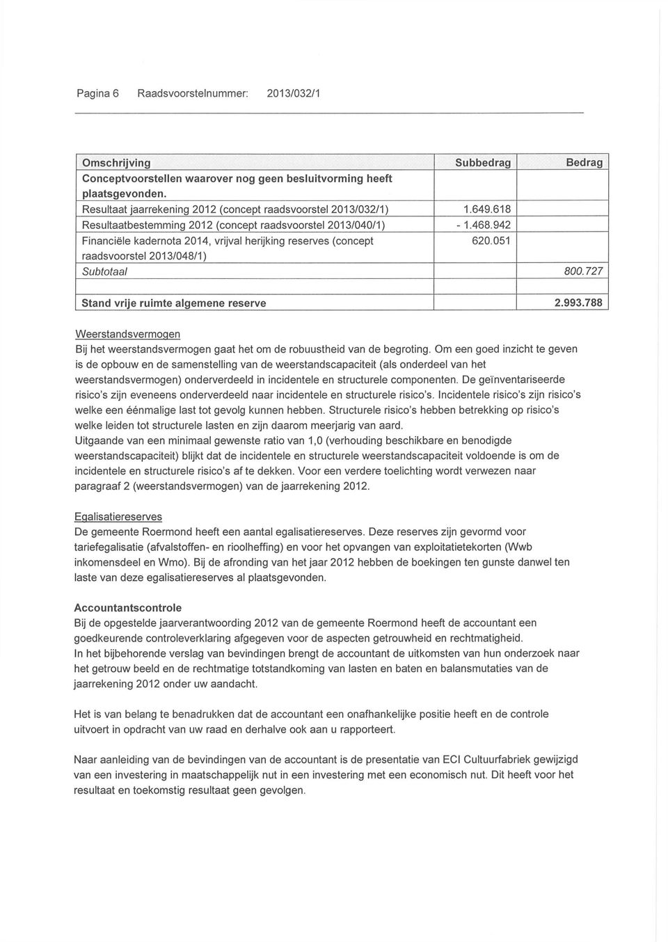 05 raadsvoorstel 203/048/) Subtotaal 800.727 Stand vrije ruimte algemene reserve 2.993.788 Weerstandsvermogen Bij het weerstandsvermogen gaat het om de robuustheid van de begroting.