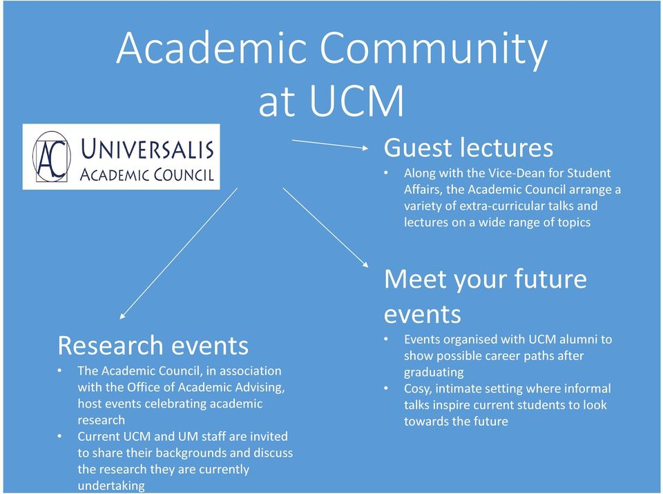 research Current UCM and UM staff are invited to share their backgrounds and discuss the research they are currently undertaking Meet your future events Events