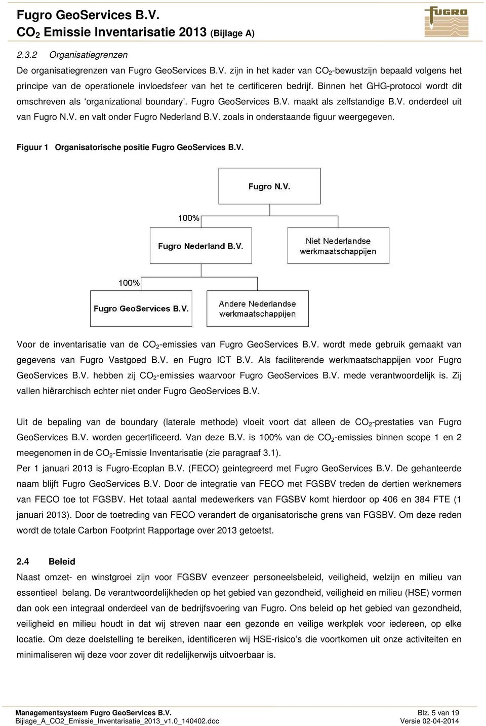 Binnen het GHG-protocol wordt dit omschreven als organizational boundary. Fugro GeoServices B.V. maakt als zelfstandige B.V. onderdeel uit van Fugro N.V. en valt onder Fugro Nederland B.V. zoals in onderstaande figuur weergegeven.