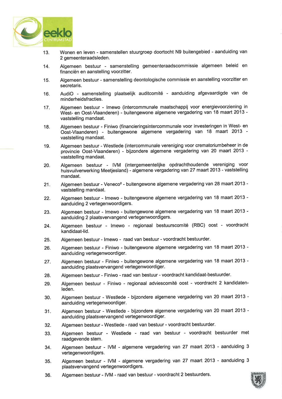 Algemeen bestuur - samenstelling deontologische commissie en aanstelling voorzitter en secretaris. 16.