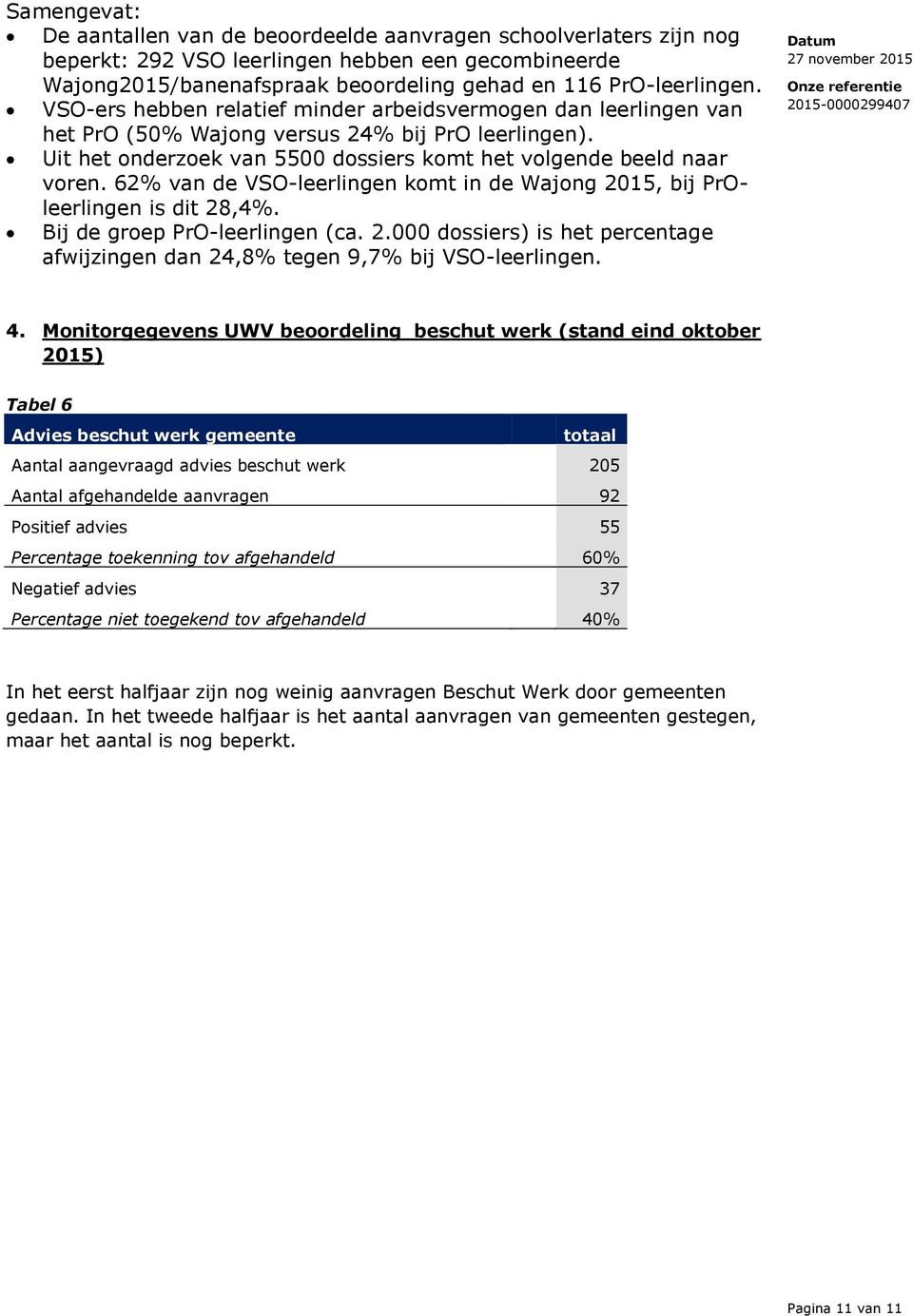 62% van de VSO-leerlingen komt in de Wajong 2015, bij PrOleerlingen is dit 28,4%. Bij de groep PrO-leerlingen (ca. 2.000 dossiers) is het percentage afwijzingen dan 24,8% tegen 9,7% bij VSO-leerlingen.