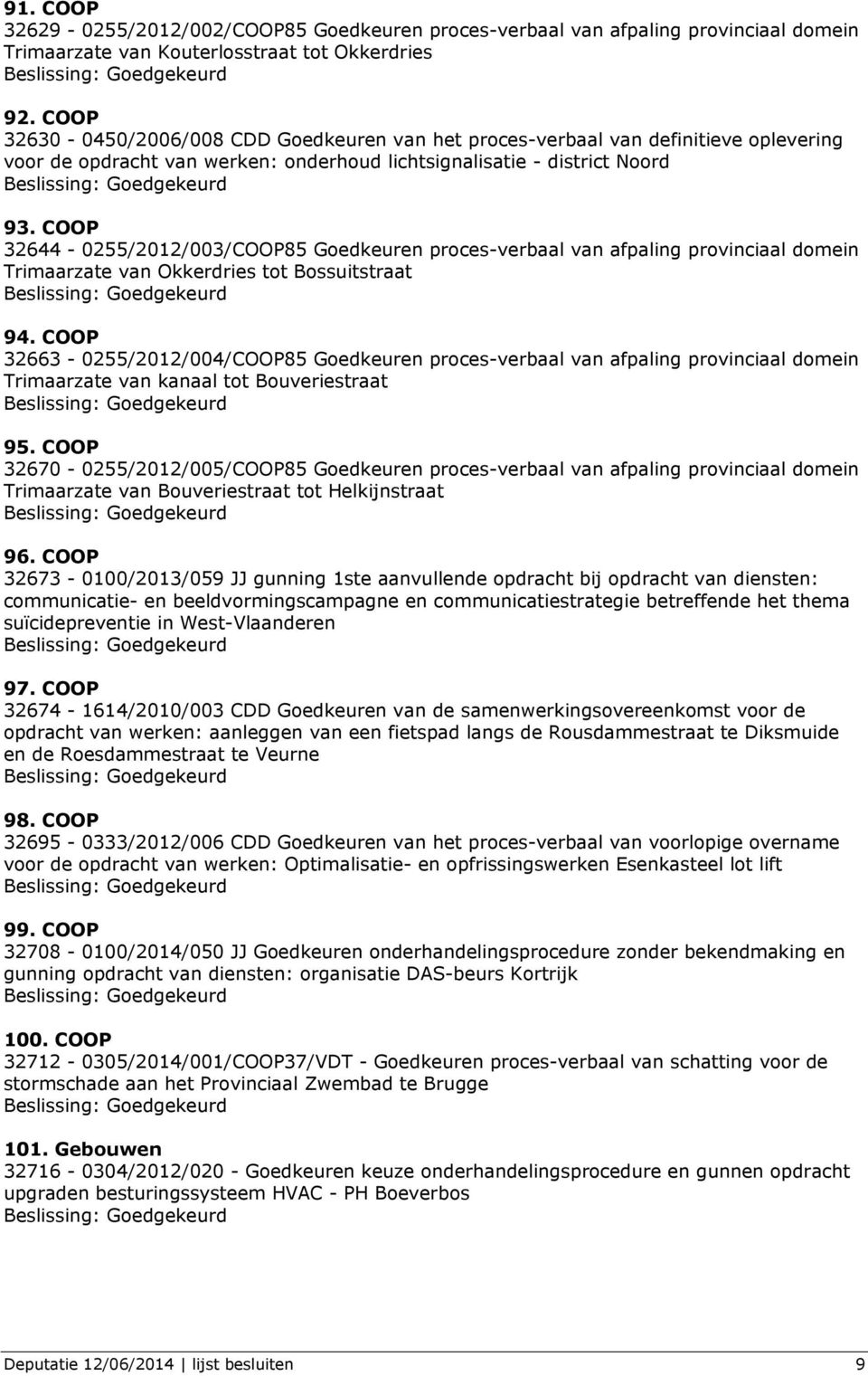 COOP 32644-0255/2012/003/COOP85 Goedkeuren proces-verbaal van afpaling provinciaal domein Trimaarzate van Okkerdries tot Bossuitstraat 94.